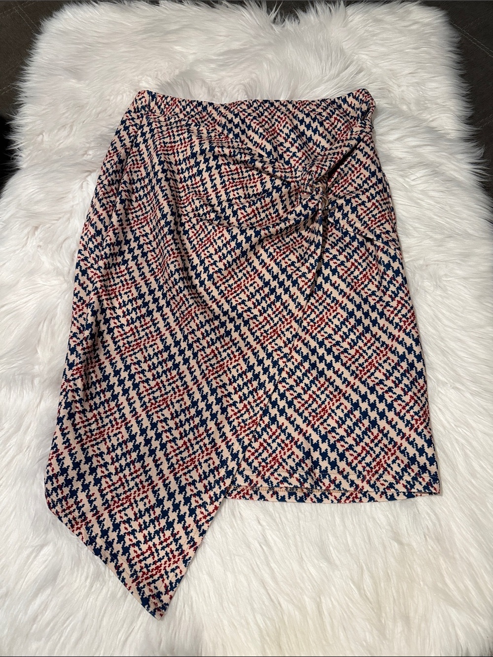 Asymmetrical Houndstooth Wrap Skirt in Navy, Red and Cream